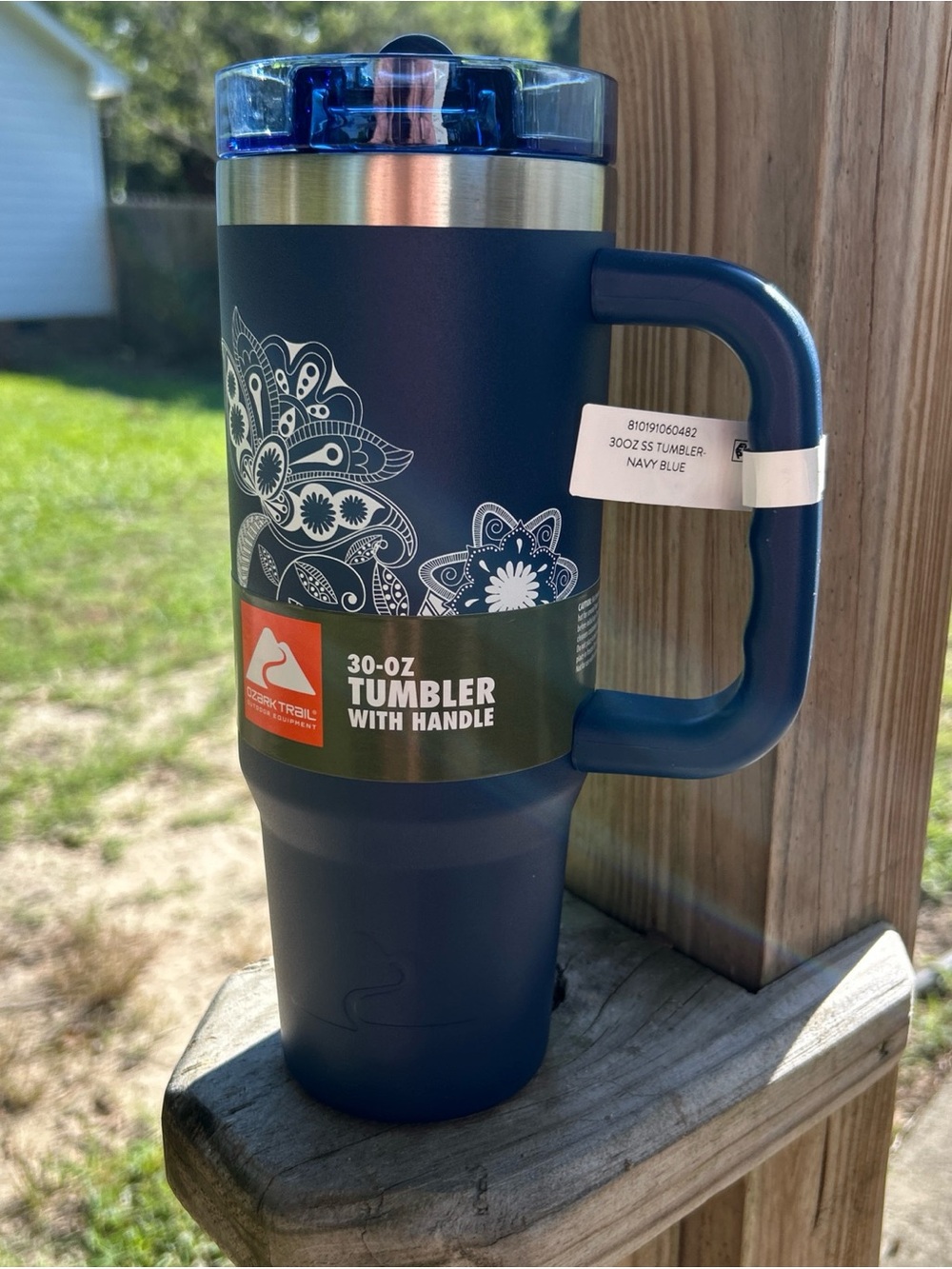 Ozark Trail Navy Blue 30-oz Tumbler with Handle and White Floral Accent